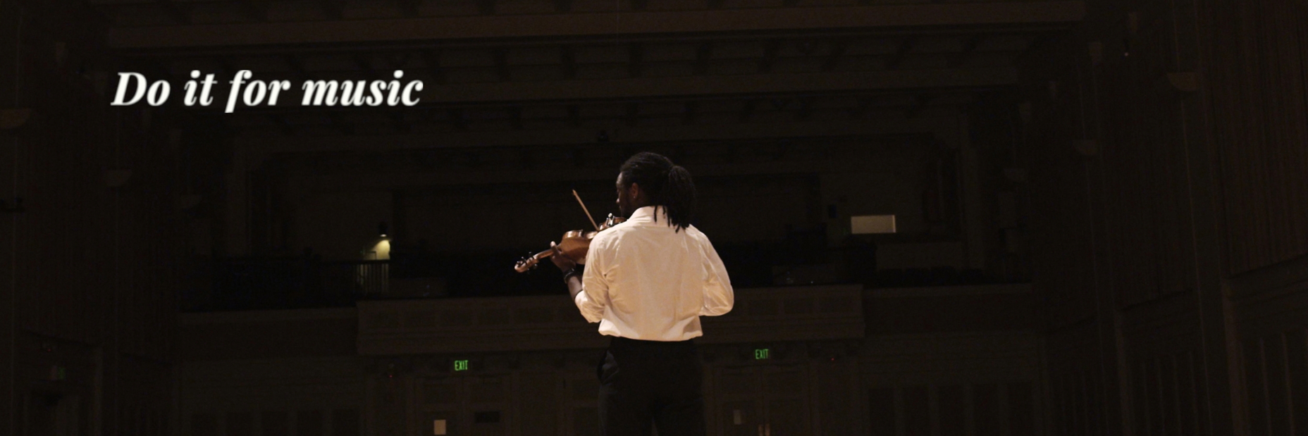 man playing instrument on stage with the words "do it for music"